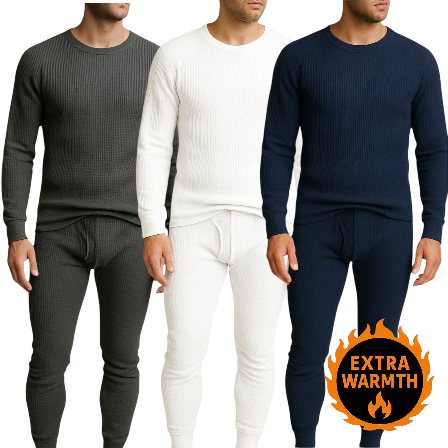 Men’s Thermal Underwear Set – Extra Warm Long Johns 3-Pack (Charcoal, White, Navy)