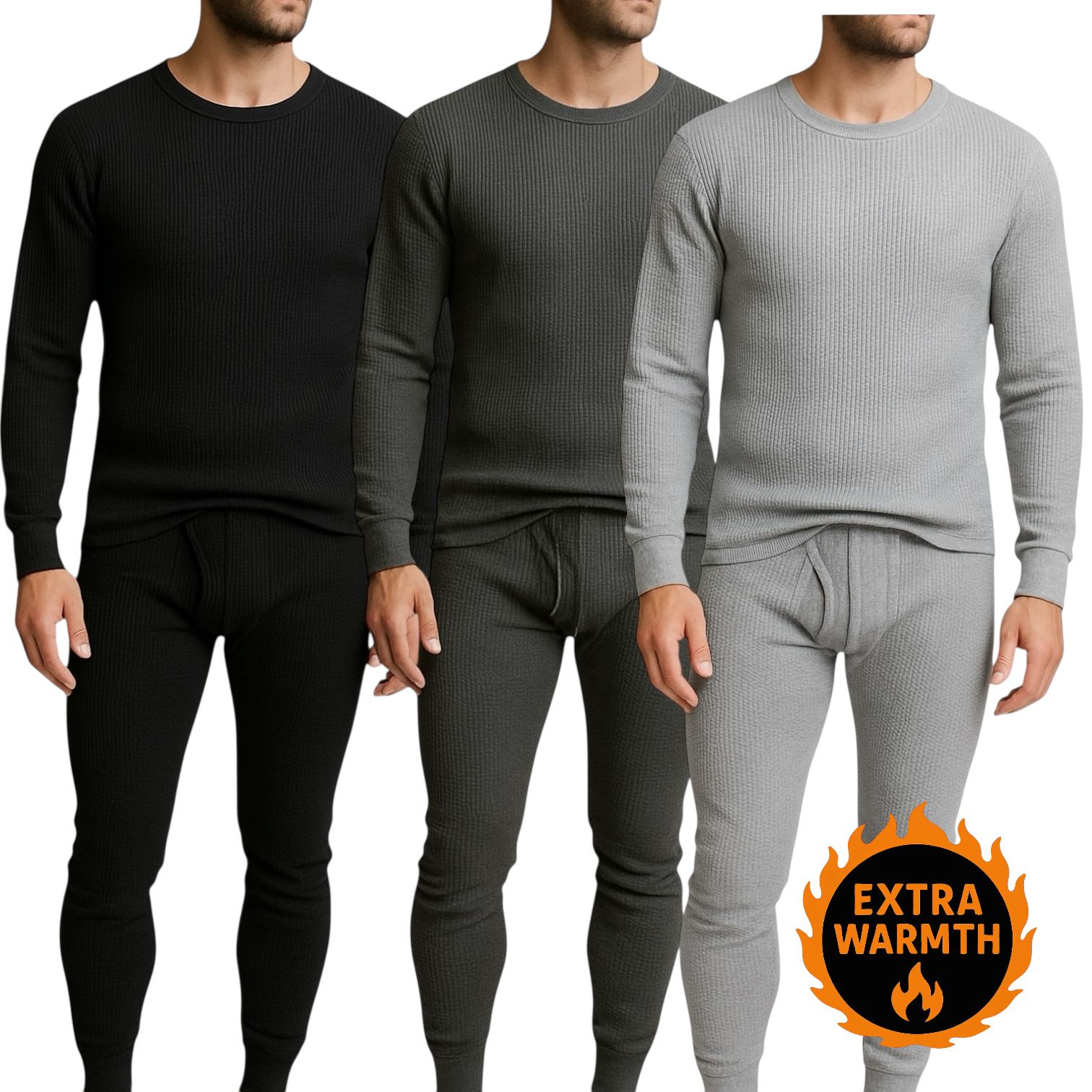 Men’s Thermal Underwear Set – Extra Warm Long Johns 3-Pack (Black, Charcoal, Gray)
